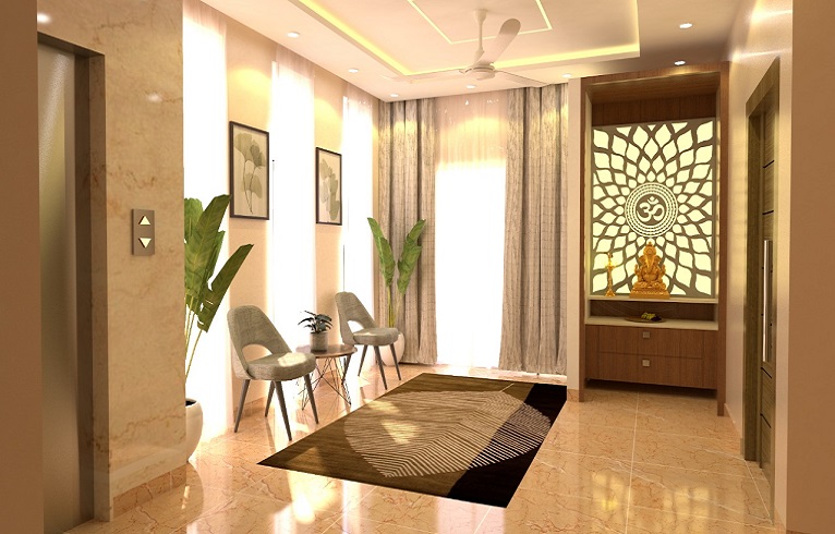 Entrance foyer with carved puja unit